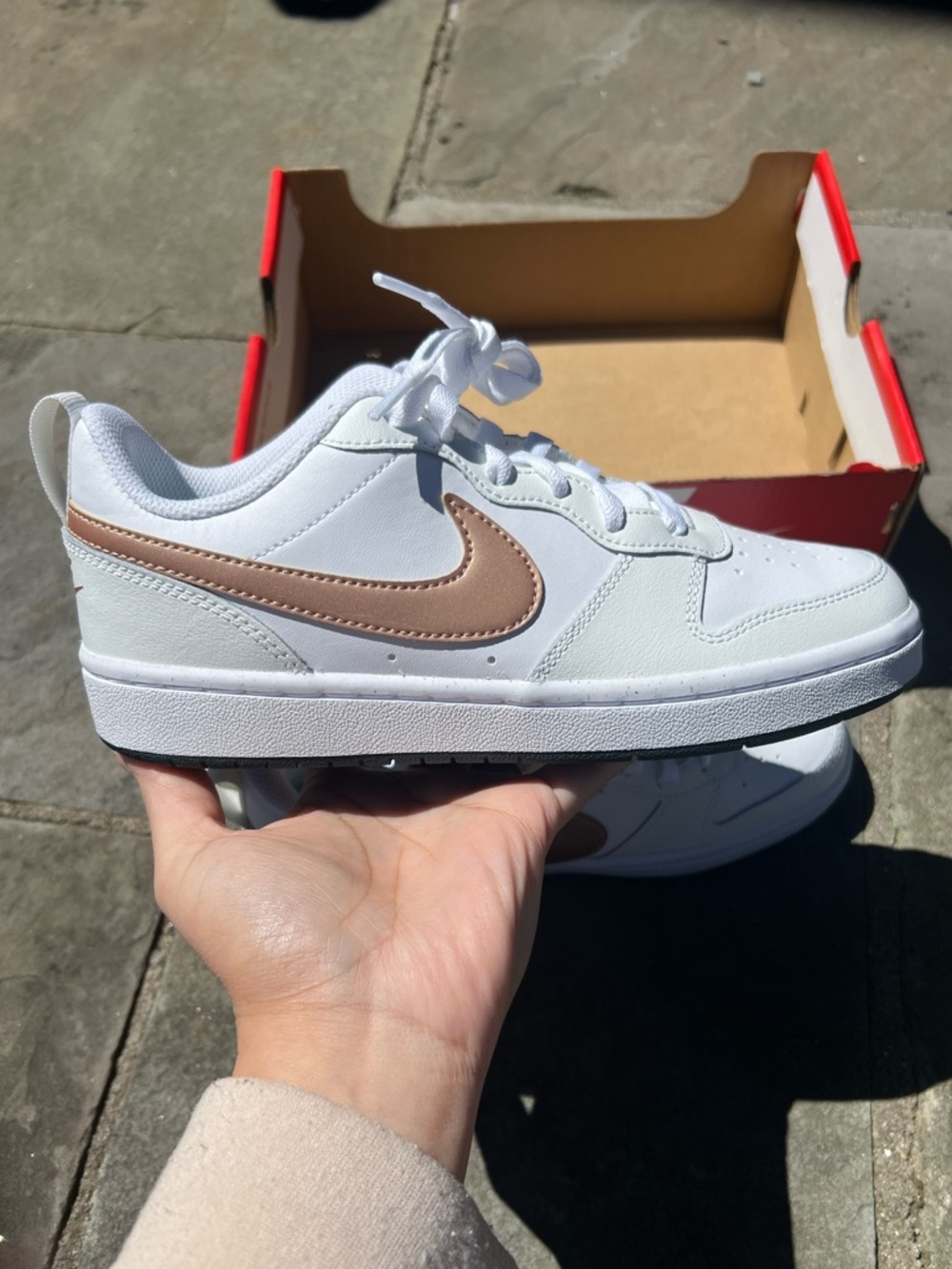 Nike White Sneakers with Rose Gold Swoosh